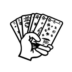 Vibrant hand holding tarot cards showcasing mystical symbols and designs in a striking vector illustration