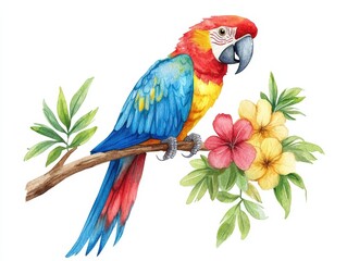 Fototapeta premium Vibrant Parrot Perched on a Branch Surrounded by Tropical Flowers