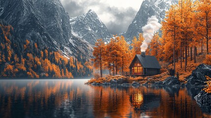 Fototapeta premium Autumn cabin by a lake, mountain scenery