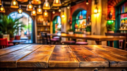 Wooden bar or table with blurred background of Mexican style restaurant for product presentation and mockups, sombrero, vibrant colors