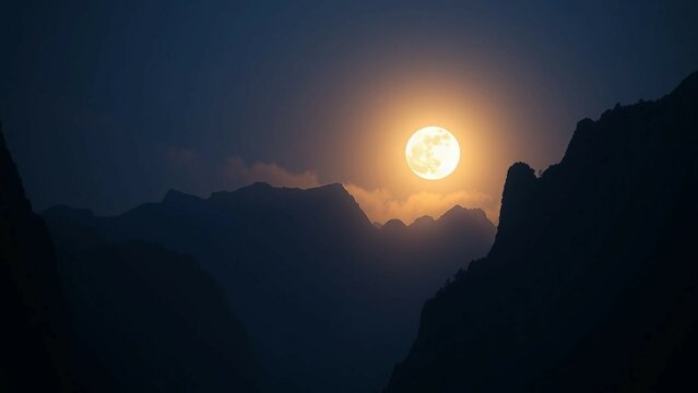 Scene depicts a serene and mystical mountain landscape surrounded by cliffs illuminated by enchantin