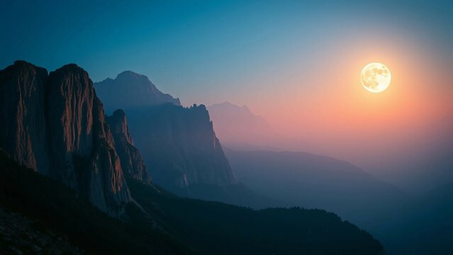 Scene depicts a serene and mystical mountain landscape surrounded by cliffs illuminated by enchantin