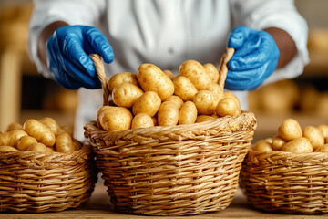 A dedicated worker skillfully places freshly harvested potatoes into rustic baskets