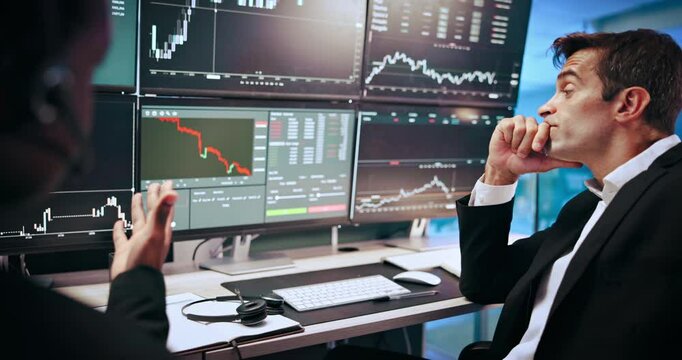 Frustrated businessmen, screen and stock market with headphones or stress for financial loss. Male people, broker or agents with display, chart or graphs for bad news, crisis or investment crash