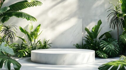 A serene, modern space featuring a circular platform surrounded by lush tropical plants.