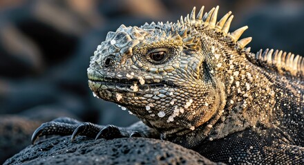 Fototapeta premium A Marine Iguana basks in the morning sun on black lava rocks, its head encrusted with salt crystals expelled from its nasal glands, a visible testament to its marine lifestyle 