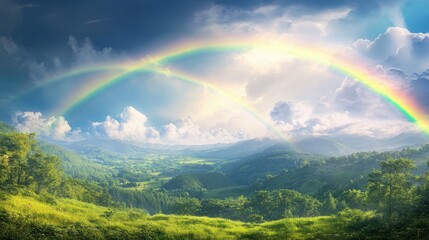 Breathtaking Dual Rainbows Over Serene Green Landscape with Lush Mountains and Clouds