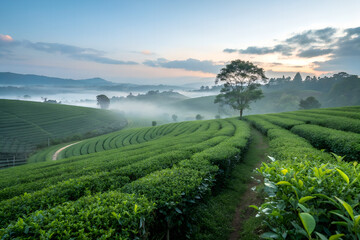 tea plantation at dawn