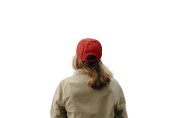 Person wearing a red cap looking out into a blank, bright white space on a clear day