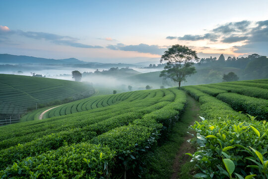 tea plantation at dawn
