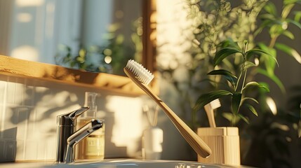Sustainable oral care, Bamboo toothbrush resting in a sunlit bathroom