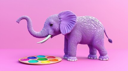 Happy Purple Elephant Holding Paint Palette on a Vibrant Pink Background