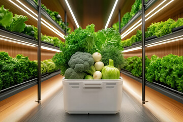 Fresh and vibrant vegetables fill minimalist plastic crates on sleek metal shelves under bright overhead lights, showcasing a controlled storage area focused on freshness and quality