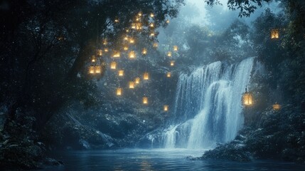 Enchanted Waterfall Surrounded by Glowing Lanterns in a Mystical Forest Setting at Night