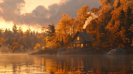 Fototapeta premium Autumn Cabin on Lakeside Island