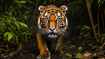 A majestic tiger prowls through a dense jungle, showcasing its powerful presence.