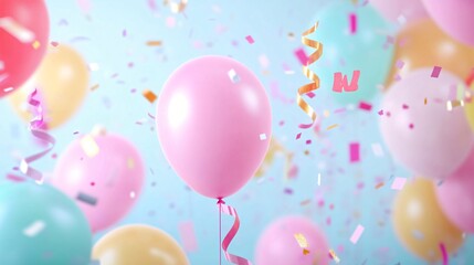 Colorful balloons floating in a festive atmosphere, bright shades of pink, blue, and yellow, ideal for celebration themes.