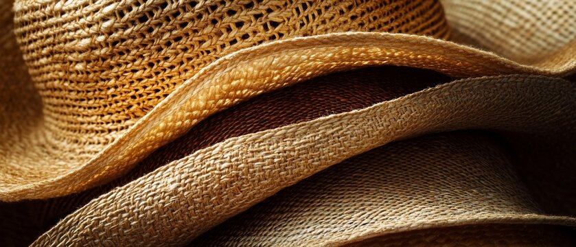 Straw hats stacked, texture variations, natural light, warm tones, depth of field