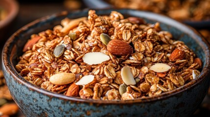 A bowl of crunchy granola with almonds, pumpkin seeds, and oats. Perfect for showcasing healthy breakfast options or recipes.
