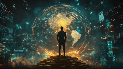 Businessman Standing in Front of a Digital World Visualization with Golden Cityscape and Data Graphics in Abstract Concept