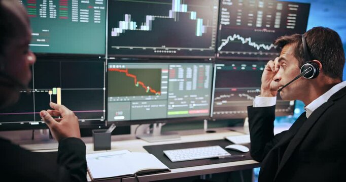 Businessmen, screen and stock market with headphones or stress for financial loss at investment agency. Male people, broker or agents talking with display, graphs or chart for exchange rate decrease