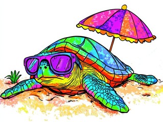 Fototapeta premium Vibrant Turtle Relaxing Under Colorful Umbrella on the Beach