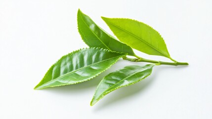 Obraz premium Fresh green leaves on a white background, vibrant foliage showcasing nature's beauty, ideal for wellness or eco-themed content.