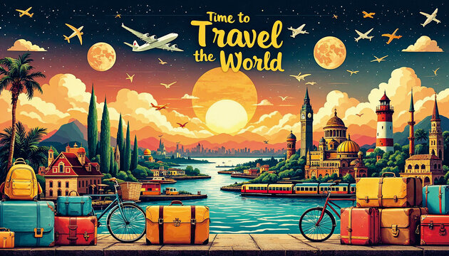 City skyline featuring suitcases and bikes, perfect for travelrelated designs, tourism promotions, transportation themes, urban exploration content, and wanderlust concepts. - Powered by Adobe