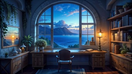 Cozy home office with a stunning ocean view and warm ambient lighting and copy space