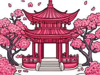Serene Pink Pagoda Surrounded by Blossoming Cherry Trees in Spring