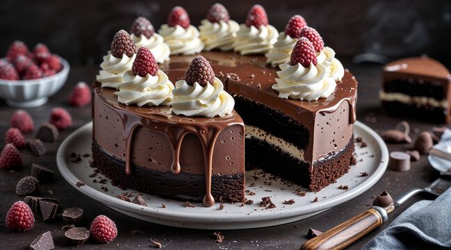 Decadent Chocolate Cake: A mouthwatering chocolate cake, adorned with fresh raspberries and whipped cream, sits invitingly on a plate, perfect for any celebratory moment.A delicious chocolate cake sli