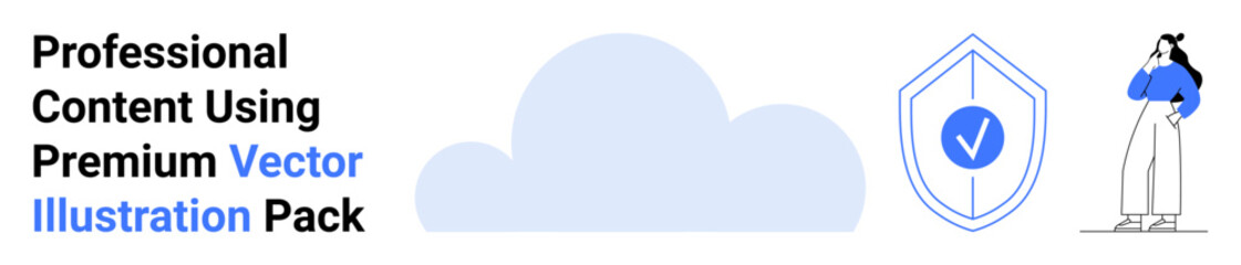 Woman observing shield with checkmark, cloud element in background. Ideal for online security, data protection, IT services, digital safety, content creation, cybersecurity, flat landing page banner