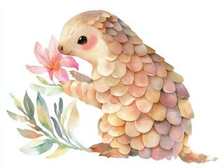 Charming Watercolor Illustration of a Pangolin Holding a Flower