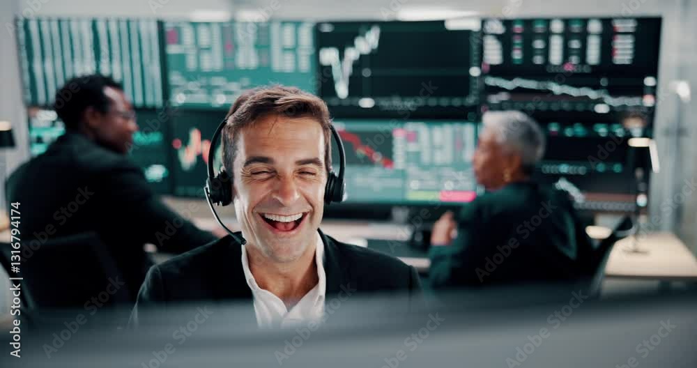 Poster computer, fist pump and stock market trading with man in office for growth or success as winner. fin