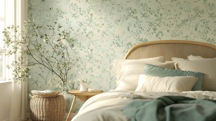A serene bedroom featuring floral wallpaper, a cozy bed, and natural elements for relaxation.