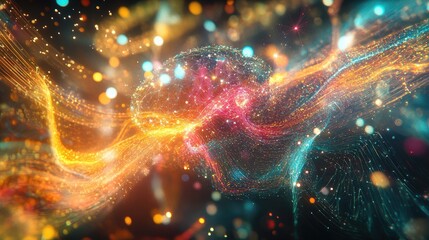 Fototapeta premium Vibrant Abstract Illustration of Energy Flow and Light Particles with a Brain Shape in Cosmic Space