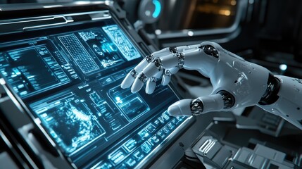 Fototapeta premium Futuristic Robot Hand Interacting with High-Tech Control Panel in Sci-Fi Environment