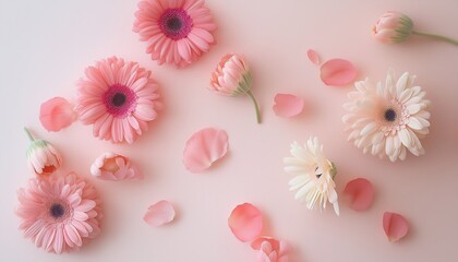 Pastel Pink Peony and Gerbera Flowers with Petals, Floral Spring Background