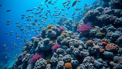 Fototapeta premium Coral reef is a vibrant and bustling community of fish with a wide variety of species and schools cr