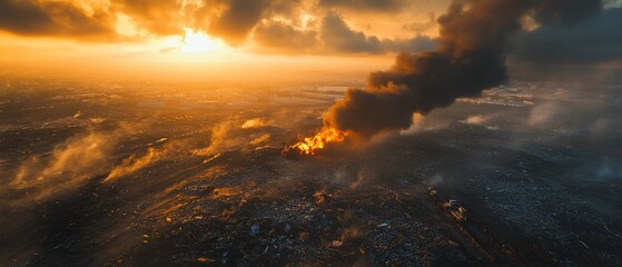 Fototapeta premium Sunset over a landfill fire, plumes of dark smoke billow against a fiery sky