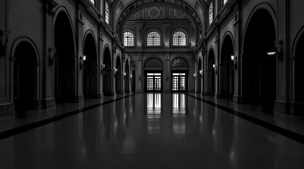 Elegant Hallway: A symmetrical architectural composition presents a long, polished hallway, highlighted by arched doorways, and illuminated by soft light, creating a sense of grandeur and history.