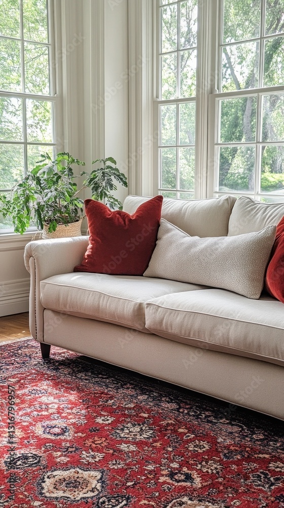 Poster soft sunlight pours through large windows, highlighting a cozy white sofa adorned with red cushions,