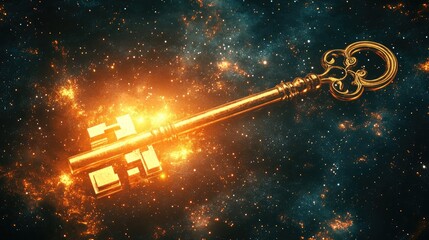 Golden antique key suspended in cosmic space with vibrant stars and glowing nebulae in the background