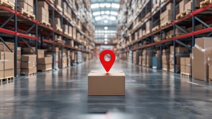 Fototapeta premium International and global supply chain management. A delivery box with a location pin in a warehouse filled with stacked boxes.