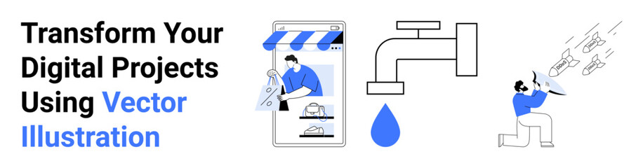 Online store interface with a designer editing elements, a faucet representing sustainability, and a digital artist sketching. Ideal for tech, e-commerce, design, creativity, environment, innovation