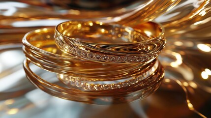 Gold bangle and rings on reflective glass
