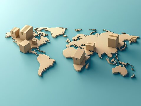 International and global supply chain management. 3D wooden map with shipping boxes, representing global logistics and trade.