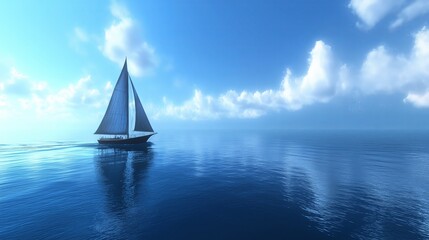 A lonely sailboat navigating through an endless blue sea