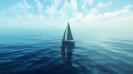 A lonely sailboat navigating through an endless blue sea