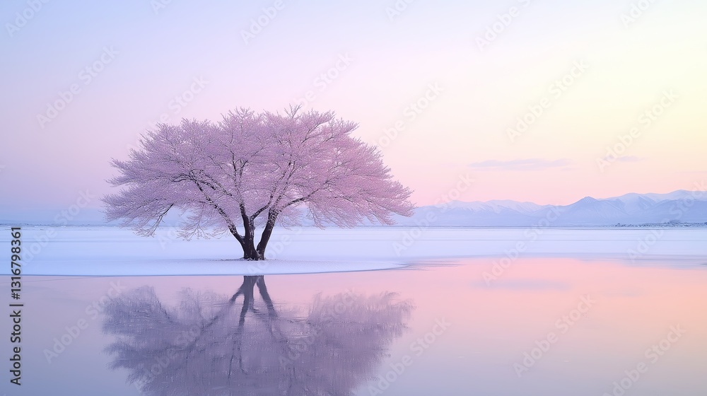 Poster a lone sakura tree standing in the middle of a frozen lake
